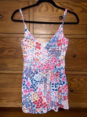 B Darlin Floral Print Spaghetti Strap Romper - White, Pink & Blue